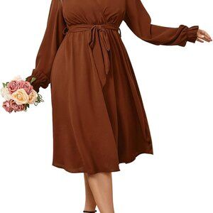 Womens Plus Size Midi Dress Long Sleeve Wrap V Neck Belted A Line Party